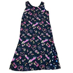 Novelty Print Vtg Reversible Maxi Shift Dress Sleeveless Black Floral & Polkadot